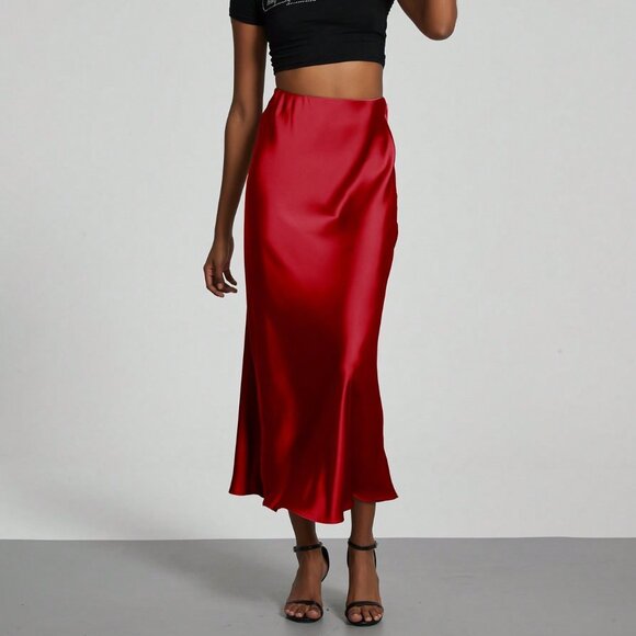 Red Casual Women's Elastic Satin Finish Maxi Skirt - Picture 6 of 8